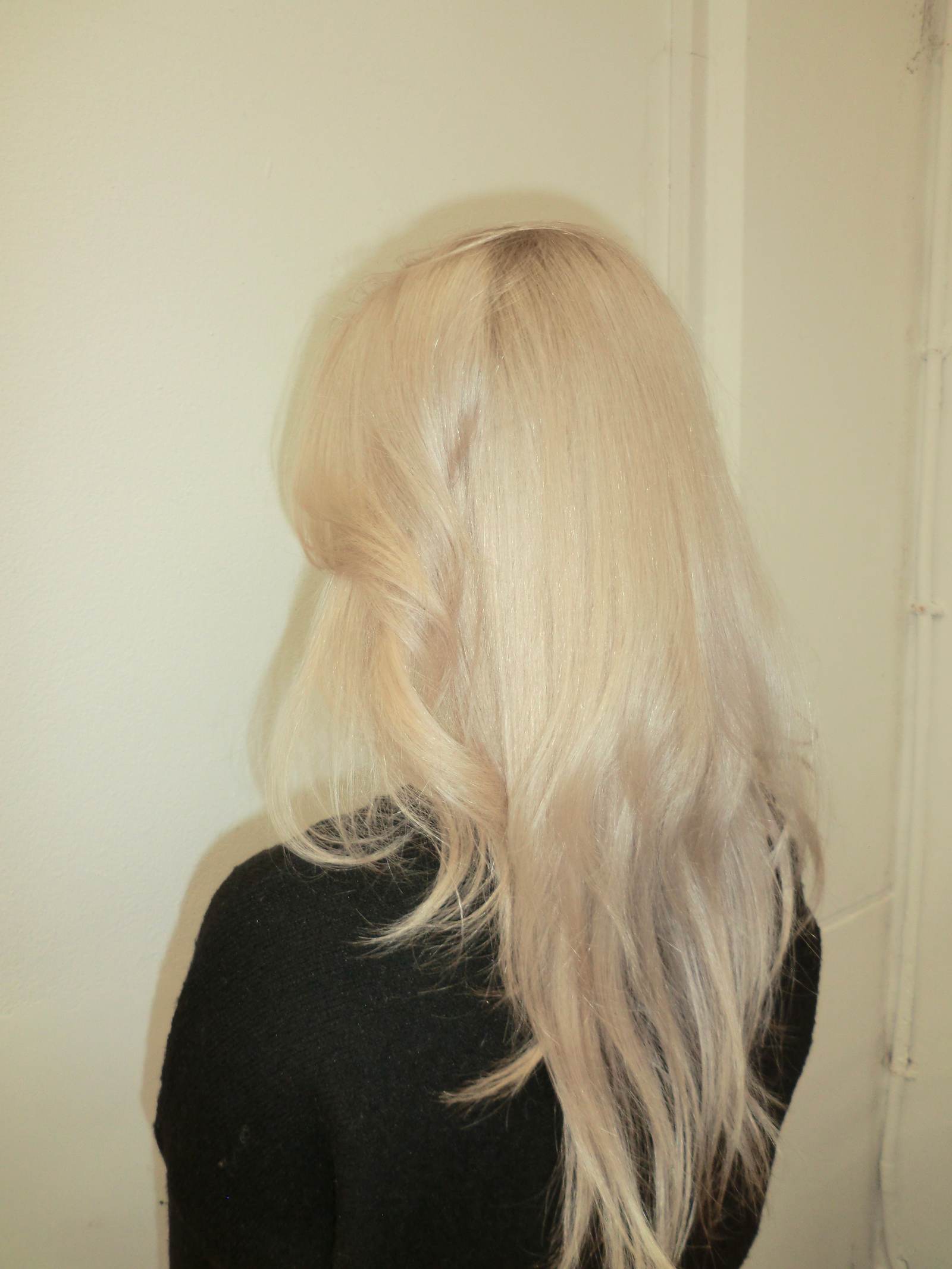 A back view of the long platinum blonde hair, showcasing the soft V-shape of the cut and the smooth, shimmering texture of the color from roots to ends.