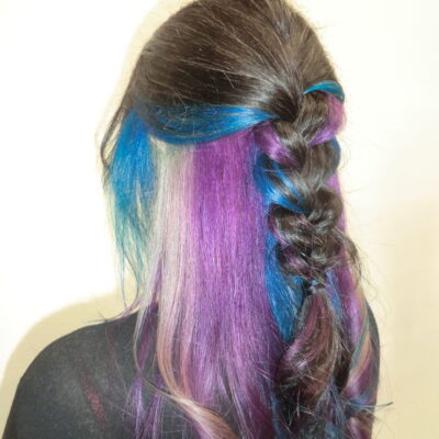 A back view of long, straight hair featuring a vibrant "peek-a-boo" color style with layers of electric blue and bright purple underneath a dark brunette top layer. The hair is partially styled in a loose French braid down the center, which pulls the blue and purple tones through to the surface, creating a woven, multi-colored effect against the dark hair.