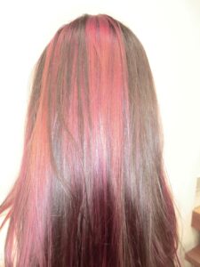 A back view of long, straight hair featuring a blend of dark espresso tones and vibrant, multi-dimensional pink highlights. The pink tones vary from soft rose to a bright magenta, concentrated mostly in vertical panels that create a bold, streaked effect against the natural dark hair.