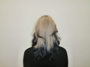 A back view of mid-length hair featuring a high-contrast color design. The top three-quarters of the hair is a bright, icy platinum blonde, while the bottom ends are colored with a deep black "dip dye" effect.