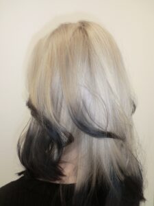 A back view of mid-length hair featuring a high-contrast color design. The top three-quarters of the hair is a bright, icy platinum blonde, while the bottom ends are colored with a deep black "dip dye" effect.