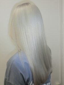 A back view of long, sleek hair that has been transformed into a uniform, even silver platinum blonde. The color is cool-toned with a metallic, icy finish from roots to ends. The hair is styled straight, highlighting the flawless, high-shine silver tone and a clean, healthy trim at the ends.