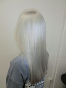 A back view of long, sleek hair that has been transformed into a uniform, even silver platinum blonde. The color is cool-toned with a metallic, icy finish from roots to ends. The hair is styled straight, highlighting the flawless, high-shine silver tone and a clean, healthy trim at the ends.