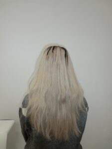 A back view of long, straight hair showing several inches of dark, natural "espresso" root regrowth. The mid-lengths and ends are a bright, faded platinum blonde, creating a high-contrast, lived-in look. The hair is unstyled and falls to the middle of the back.