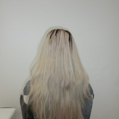 A back view of long, straight hair showing several inches of dark, natural "espresso" root regrowth. The mid-lengths and ends are a bright, faded platinum blonde, creating a high-contrast, lived-in look. The hair is unstyled and falls to the middle of the back.
