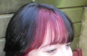 A close-up, front-view portrait focusing on a bold, high-contrast fringe. The hair is dyed a deep jet-black with thick, vibrant red streaks woven into the right side of the heavy, straight-across bangs. The red color is saturated and bright, creating a sharp graphic effect against the dark base. The bangs are cut thick to just above the eyebrows, framing the face and highlighting the vivid "peek-a-boo" red layer underneath.
