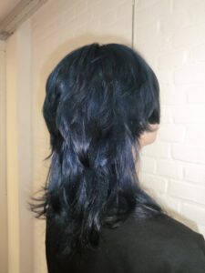 A side profile view of a girl with a shoulder-length layered mullet. The hair is a vibrant electric blue from the roots through the mid-lengths, ending in a sharp black dip dye at the tips. The cut features choppy, textured layers with a shorter top and longer back, showcasing a modern, edgy silhouette.