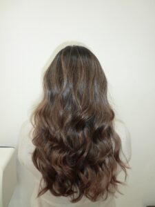 A back view of long hair featuring a chestnut balayage. The natural black base at the roots blends seamlessly into warm, reddish-brown chestnut highlights through the mid-lengths and ends. The hair is styled in soft, loose waves to showcase the dimension and color transition.