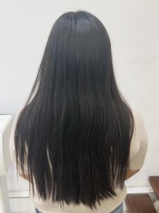 A back view of long, straight black hair. The hair is a solid, uniform dark tone from roots to ends with a natural shine and a clean, blunt hemline.