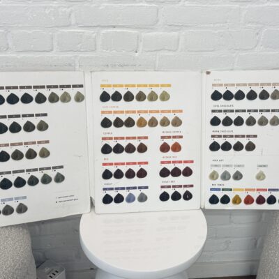A professional hair color chart spread open on a flat surface, displaying a wide array of synthetic hair swatches. The swatches are organized in rows, ranging from natural blondes and browns to vibrant fashion colors and deep blacks. Each sample is labeled with a specific shade number and name, used by stylists for color consultations.