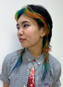 A side profile of short blue-black hair. The front section of the hair is dyed in a vivid rainbow pattern, starting at the root and flowing all the way down to the ends. The transition features horizontal bands of red, orange, yellow, green, blue, and purple, creating a high-contrast pop of color against the dark base.