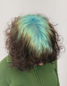 A front view of a short bixie haircut where the client is looking down, causing the top layer of natural brown hair to cascade slightly forward. This position reveals a prominent, contrasting band of vibrant teal-mint green color applied directly at the roots across the crown and parting line, characteristic of the "ghost root" technique.