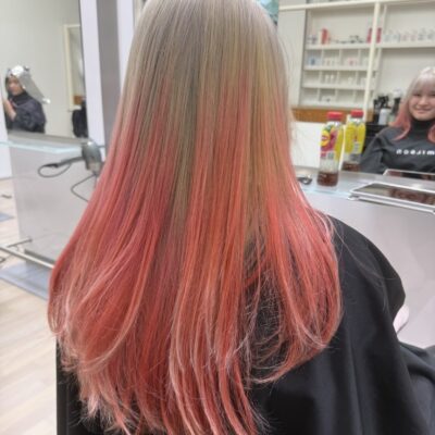 A back view of long, hair featuring a seamless color melt. The roots and mid-lengths are a cool, silverish blonde that transitions into a vibrant pink coral at the ends. The hair is styled that blend the icy metallic tones at the top with the warm, peachy-pink hues at the bottom.