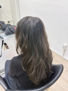 A back view of long, unstyled hair in a natural medium brown shade. The color is uniform from the roots to the ends, and the hair has a soft, straight texture, serving as the starting base before the creative color treatment.